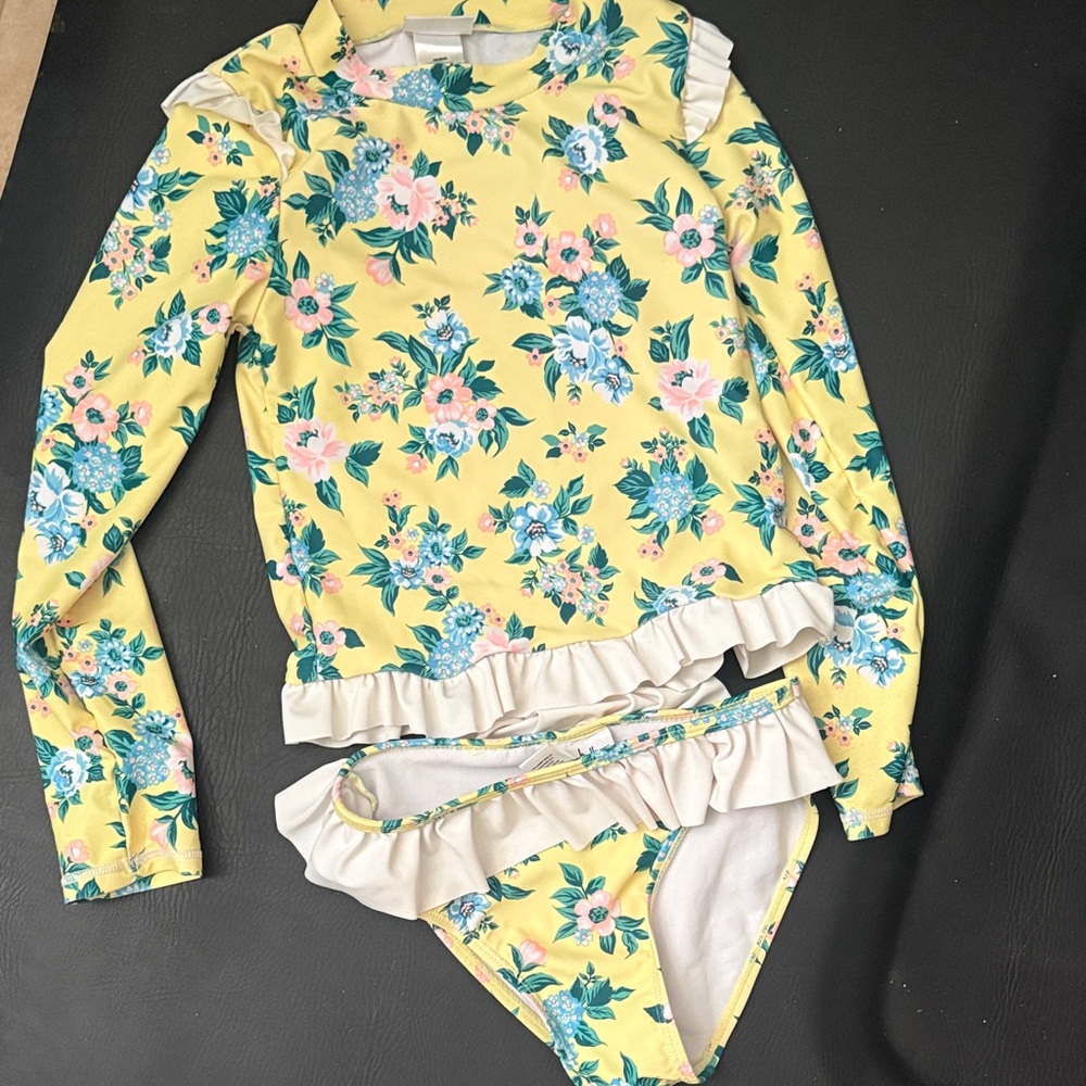 Nicole Miller Yellow Floral Ruffle Rash Guard Set